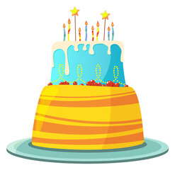 Sticker - Birthday cake. Anniversary celebration symbol. Cartoon dripping bakery