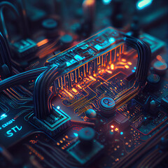 Fototapete - Futuristic microchip processor with lights created with Generative Ai