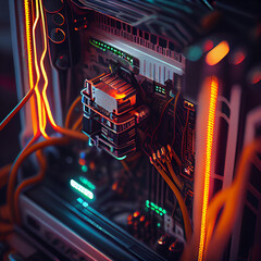 Fototapete - Futuristic microchip processor with lights created with Generative Ai