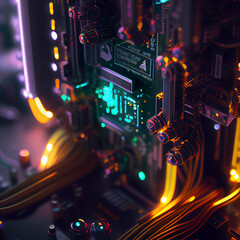 Fototapete - Futuristic microchip processor with lights created with Generative Ai