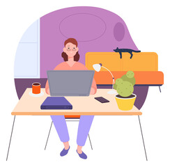 Poster - Woman working on laptop. Cozy home workplace interior