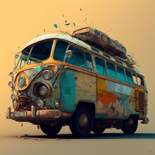 Stylized Bus Design. Hippy Automobile Game Design Concept, Generative Ai