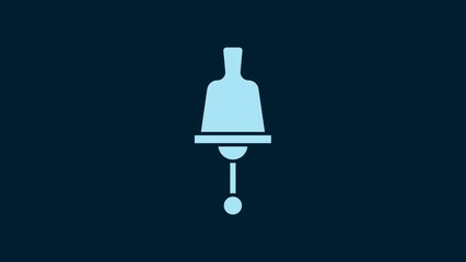 Poster - White Ringing bell icon isolated on blue background. Alarm symbol, service bell, handbell sign, notification symbol. 4K Video motion graphic animation