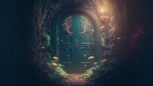 Fantasy Enchanted Fairy Tale Forest With Magical Opening Secret Doors And Stairs Leading To Mystical Shine Light Outside The Gate, Mushrooms, And Flying Fairytale Magic Butterflies In Woods.