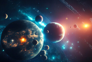 Aufkleber - illustration on the theme of life in space with super bright colors and planets and stars