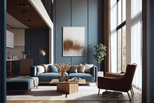 This Modern Living Room Is Decorated In Shades Of Blue And Khaki. The New Millennium's Cradle Features A High Ceiling And A Simple Style. Be Consistent With The Style Of The Furnishings.