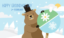 Top Hat Groundhog Choosing Between Spring And Winter On A Snowy Land. Groundhog Day Greeting Banner Vector Illustration.