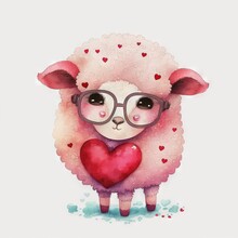  A Sheep With Glasses Holding A Heart Shaped Object In Its Paws, With Hearts On Its Cheeks, On A White Background With A Watercolor Splash Of Red Ink And A White Background,.