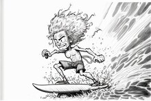  A Cartoon Of A Man Riding A Surfboard On A Wave With A Spiky Haircut On His Head And A Spiky Tail, With A Spiky Tail, And A.