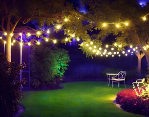 night time beautiful backyard scene with garland of lights on trees, festive party decor, home garden