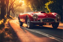  A Red Sports Car Driving Down A Road In The Sun Light Of The Day With Trees In The Background And A Sunbeam In The Distance Behind It, With A Soft Light Of A.