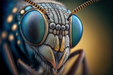  A Close Up Of A Blue Fly Insect With Long Antennae And Large Eyes, With A Black Background And A Yellow Border Around The Eyes And Bottom Half Of The Image Is A Blue And.