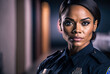 © Sunshower Shots - African American policewoman portrait, blurred background. copyspace. Generative AI