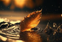  A Leaf Floating In The Water With A Splash Of Water On It's Surface And A Yellow Leaf On Top Of The Water With A Black Background With A Yellow Light Reflecting Off The.