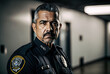 Latino American policeman portrait, blurred background, copyspace. Fictitious badge. Generative AI