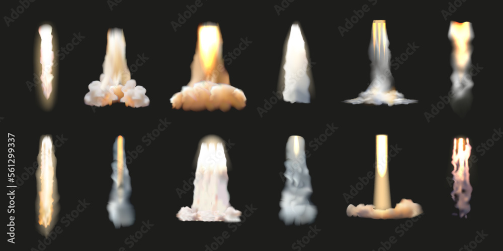 Rocket smoke, jet stream trail. Spaceship fire launch, blast in air, vapor clouds, speed plane in sky. Space shuttle contrail. Different traces mist. Vector realistic isolated set