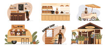 Small Business. Cafe And Shop Owners. People Works At Family Store. Vendors Selling Coffee Or Grocery. Flowers Kiosk. Barbershop Or Fast Food. Marketplace Stalls Set. Vector Illustrations