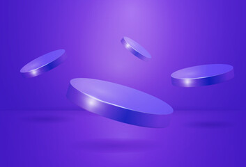Poster - Blue stand, purple product podium, empty flying platform. Render of pedestal, stage or scene, minimal studio. Modern background. Realistic isolated elements. Vector abstract backdrop design