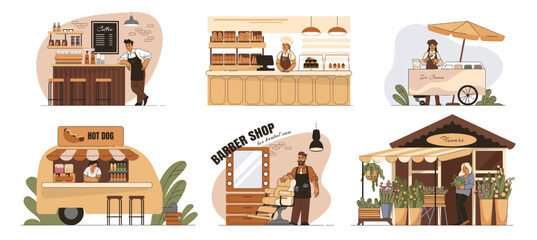 Wall Mural - Small business. Cafe and shop owners. People works at family store. Vendors selling coffee or grocery. Flowers kiosk. Barbershop or Fast food. Marketplace stalls set. Vector illustrations