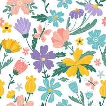 Spring Flowers, Summer Folk Floral Pattern. Pretty Fabric Garden Motif, Cute Simple Plants, Jungle Herbs. Cartoon Flat Elements. Decor Textile, Wrapping Paper. Vector Seamless Background