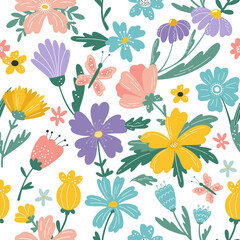 Wall Mural - Spring flowers, summer folk floral pattern. Pretty fabric garden motif, cute simple plants, jungle herbs. Cartoon flat elements. Decor textile, wrapping paper. Vector seamless background