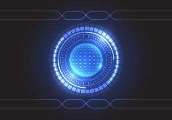Poster - Circle of technology with the center being the processor and sending information outside. Technology helps businesses reach their goals and grow revenues quickly. dark blue background
