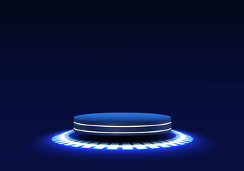Poster - Technology podium has a blue light around it. Suitable for placing electronic technology products on dark blue background Increase interest and increasing sales of the product.