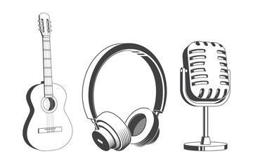 Wall Mural - Retro music equipment Icons. Set include classical acoustic guitar, headphones, microphone. For t shirt, emblem, logo, badge design. Vector illustration. Equipment for listening and recording sound