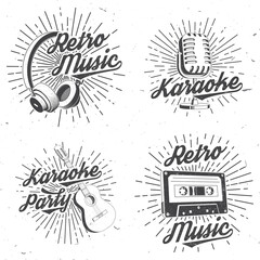 Wall Mural - Retro music poster, banner. Retro microphone, headphones, audio cassette, classical acoustic guitar with sunburst vintage typography design for t shirt, emblem, logo, badge design. Vector illustration