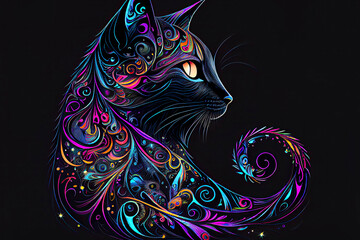 Wall Mural - psychedelic Luna cat on a black background