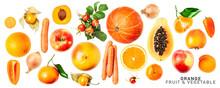 Fresh Orange Fruits And Vegetables. PNG With Transparent Background. Flat Lay. Without Shadow.