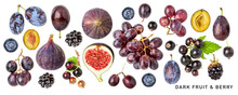 Fresh Dark Fruit And Berry. PNG With Transparent Background. Flat Lay. Without Shadow.