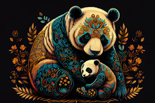 Panda With Her Cute Baby Realistic Ethnic Ornamental Ornaments Painting