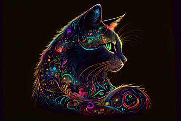 Wall Mural - psychedelic Luna cat on a black background