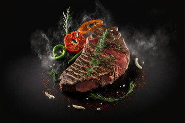 Yummy beef grill steak on a table in a dark black background with fire and smoke, food photograph, food styling