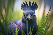 Blue Crowned Pigeon In The Grass, Close-up, Most Beautiful Colorful Birds, Generative AI