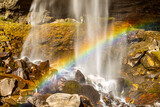 Fototapeta Tęcza - Colours of Manali in Himachal Pradesh India. Panoramic views of Himalayas. Rainbow Waterfall of Jogni waterfall trek in Manali Himachal Pradesh. Natural beauty of Solang Valley in India. Green Nature.