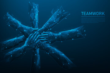 holding hand teamwork technology on blue dark background. people friendship support to success. cons