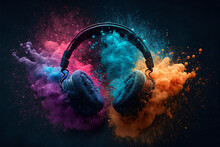 Headphone And  Vivid Color Powder. Creative Music And Festival Concept. Generative Ai. 