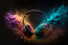 Headphone And  Vivid Color Powder. Creative Music And Festival Concept. Generative Ai. 