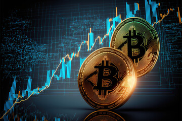 Bitcoins gold coins with stick graph chart and digital background.