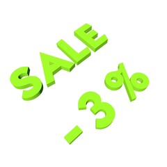 Poster - SALE -3%. Discount percentage. Green 3D text on a white background. Rendering illustration.