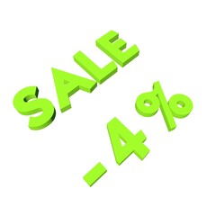 Poster - SALE -4%. Discount percentage. Green 3D text on a white background. Rendering illustration.