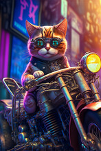 Fantasy Robotic Kitty Cat Ride A Vintage Motorcycle Wearing Glasses 