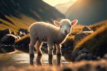  A Sheep Standing In A Stream Of Water With Mountains In The Background At Sunset Or Dawn Or Dawn Or Dawn Or Dawn Or Dawn Or Dawn, With A Single Light On The Head,. Generative Ai