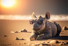  A Rhinoceros Wearing Sunglasses Laying On The Beach At Sunset With The Sun In The Background And A Body Of Water In The Foreground, With A Body Of Water, And A. Generative Ai
