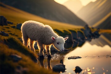 Wall Mural -  a sheep is standing by a body of water at sunset or sunrise time, with mountains in the background, and a body of water in the foreground, with rocks, grass, and. generative ai