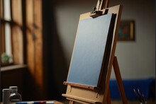  A Wooden Easel With A Blue Board On It And A Bottle Of Paint Next To It On A Table With A Bottle Of Pens And A Bottle Of Paint On It And A Table. Generative Ai