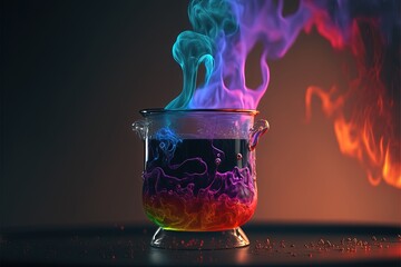 Wall Mural -  a pot with a liquid inside of it with a lot of smoke coming out of it and a red and blue liquid in the bottom of it, and a yellow and red one with a black. generative ai