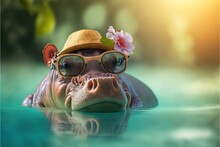  A Hippo Wearing A Hat And Glasses In The Water With A Flower In Its Hair And A Hat On Its Head, With A Flower In Its Mouth, And A Reflection In The Water. Generative Ai